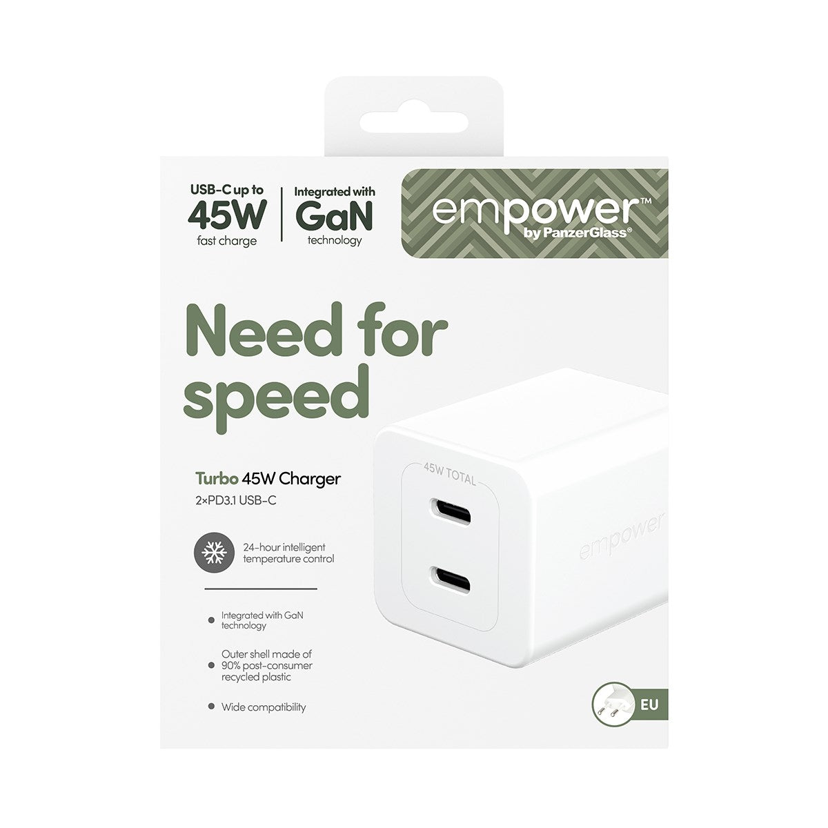 empower by PanzerGlass® Turbo 45W Oplader inkl. 2 x USB-C | EU Stik | Silver White